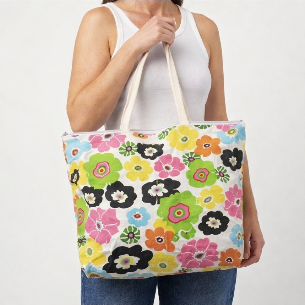 Vintage Floral Canvas Tote Bag with Zipper Top | Colorful Retro Flower Print